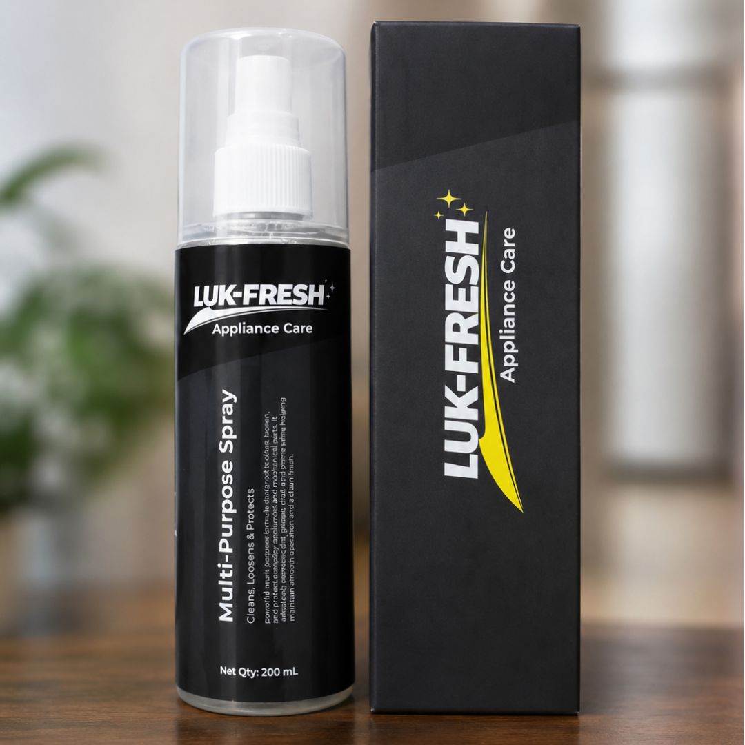 LUK-FRESH Multi-Purpose Appliance Care Spray 200 mL bottle displayed in premium black packaging with branded box, designed to clean, protect, and restore household appliances.