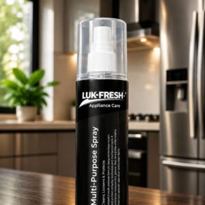 LUK-FRESH Multi-Purpose Appliance Care Spray bottle displayed on a kitchen countertop with modern appliances in the background, designed to clean, protect, and restore appliance surfaces.