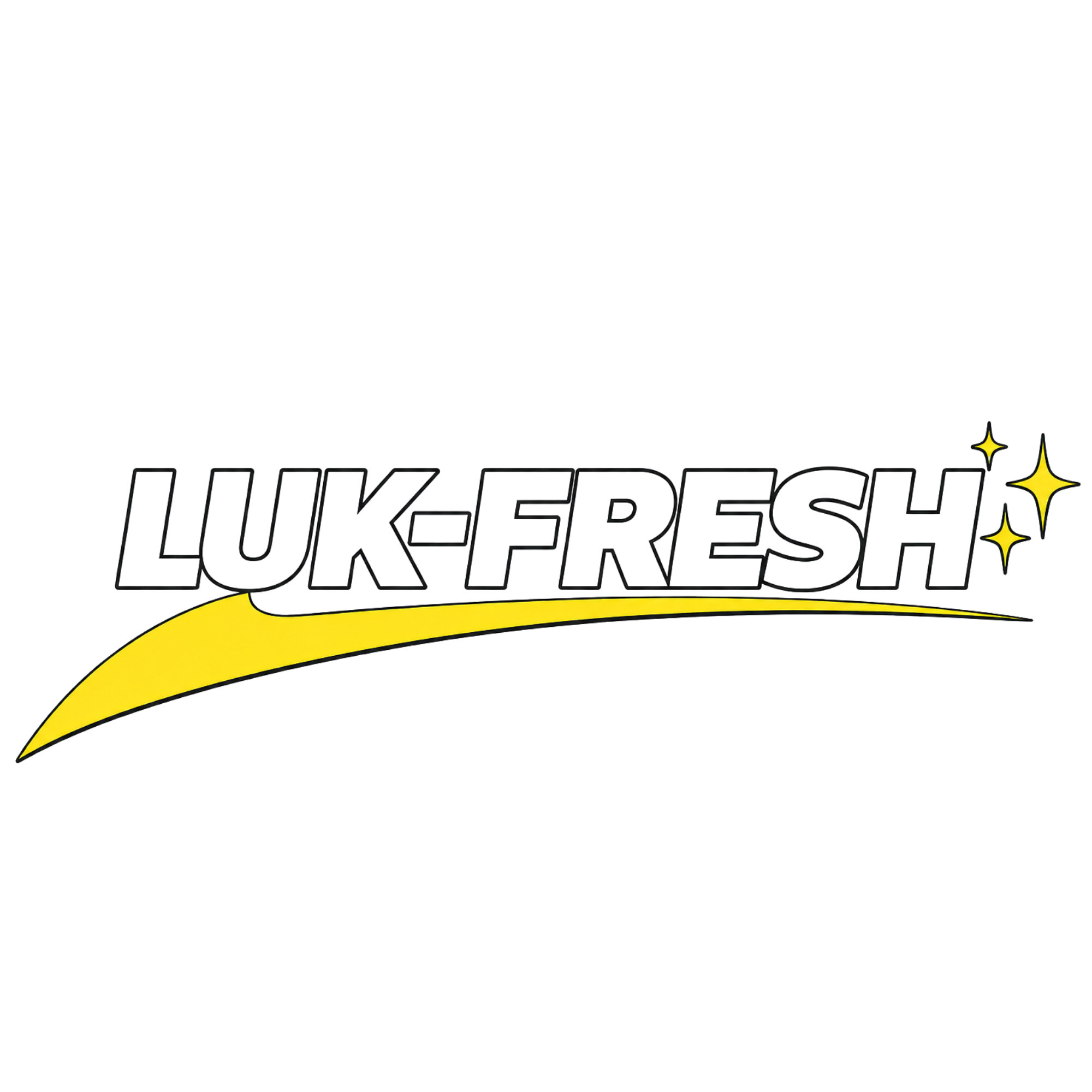 LUK-FRESH logo featuring bold black typography with a yellow swoosh and sparkling stars, representing premium appliance care products.
