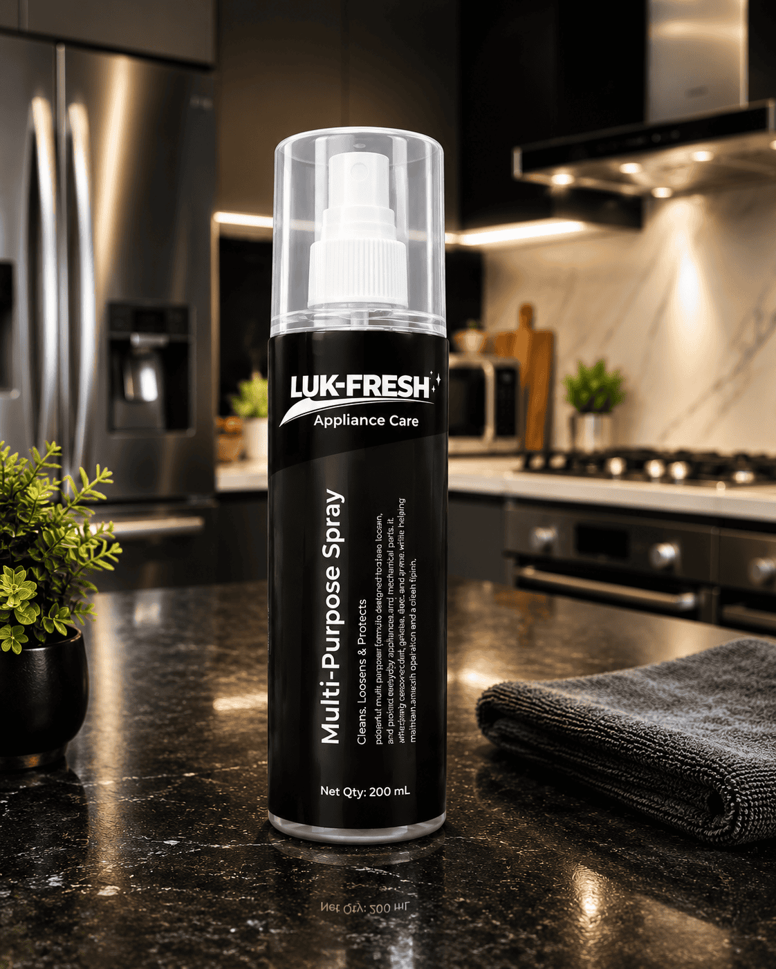 LUK-FRESH Appliance Care Multi-Purpose Spray 200ml for cleaning home and kitchen appliances, removes grease, dirt, fingerprints, provides anti-static protection, and leaves a streak-free shine.