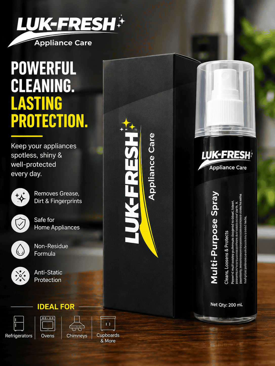 LUK-FRESH Appliance Care Multi-Purpose Spray 200ml for cleaning home and kitchen appliances, removes grease, dirt, fingerprints, provides anti-static protection, and leaves a streak-free shine.