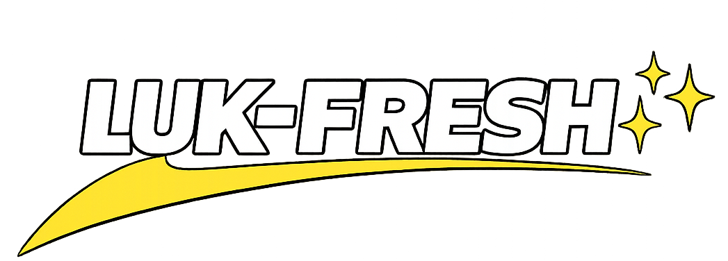LUK-FRESH logo featuring bold white uppercase lettering with a black outline, a gold swoosh underneath, and three gold sparkle stars on a transparent background.