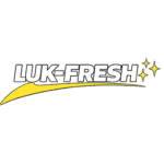 LUK-FRESH logo featuring bold white uppercase lettering with a black outline, a gold swoosh underneath, and three gold sparkle stars on a transparent background.
